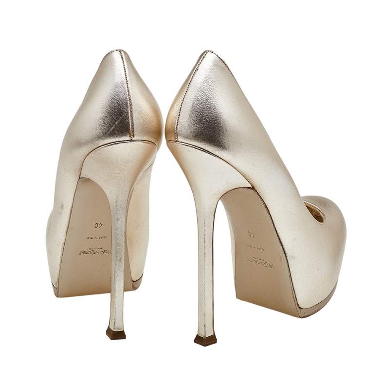 Pre Owned Yves Saint Laurent Metallic Gold Leather Tribtoo Platform Pumps Size 40