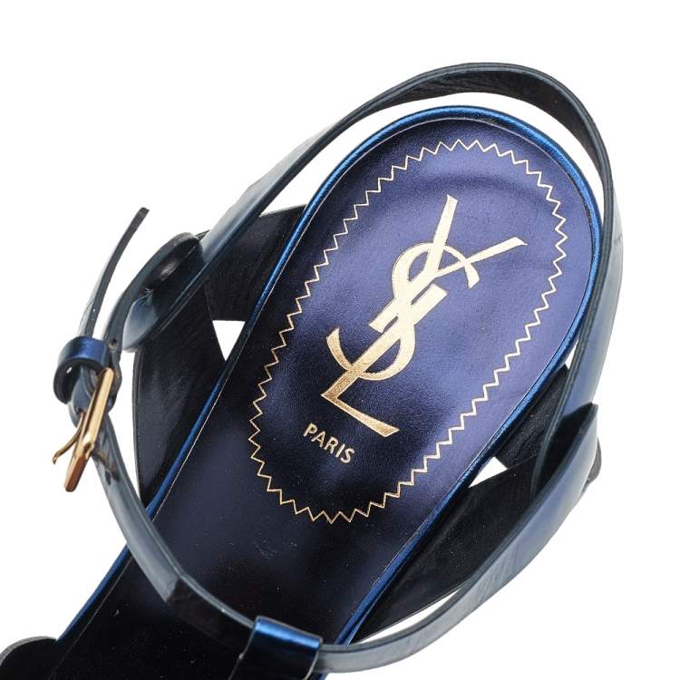 Pre Owned Yves Saint Laurent Metallic Navy Patent Leather Tribute Platform Ankle Strap Sandals Size 40