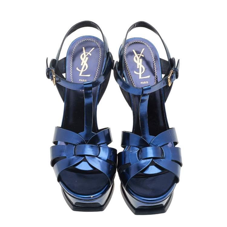 Pre Owned Yves Saint Laurent Metallic Navy Patent Leather Tribute Platform Ankle Strap Sandals Size 40