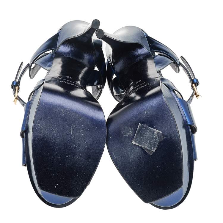 Pre Owned Yves Saint Laurent Metallic Navy Patent Leather Tribute Platform Ankle Strap Sandals Size 40