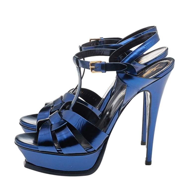 Pre Owned Yves Saint Laurent Metallic Navy Patent Leather Tribute Platform Ankle Strap Sandals Size 40