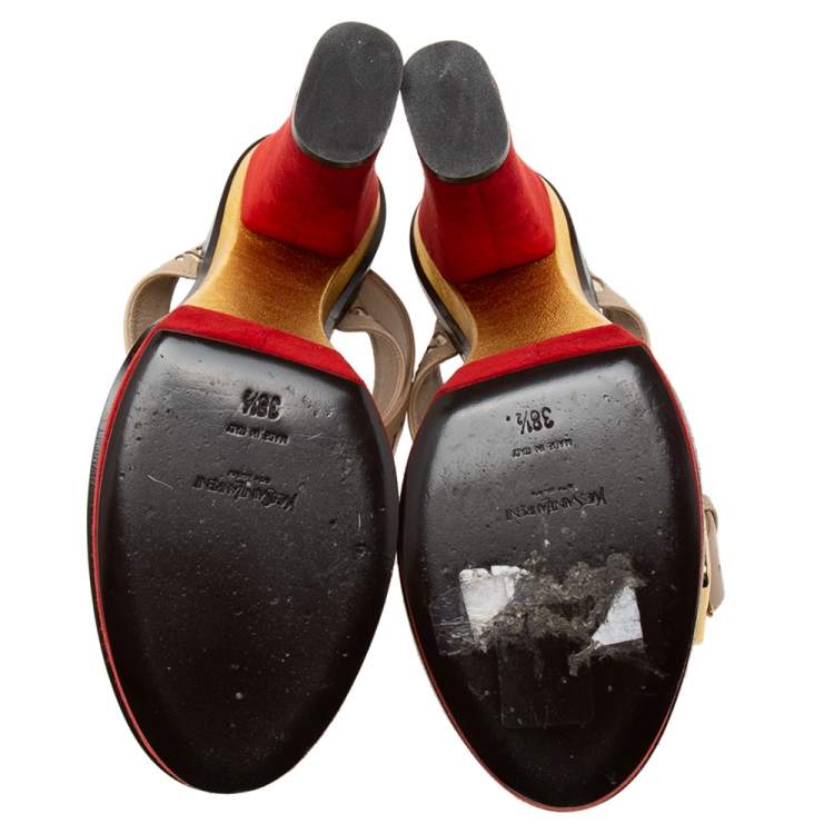 Pre Owned Yves Saint Laurent Multicolor Leather And Suede Platform Ankle Wrap Sandals Size 38.5