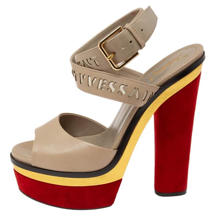 Pre Owned Yves Saint Laurent Multicolor Leather And Suede Platform Ankle Wrap Sandals Size 38.5