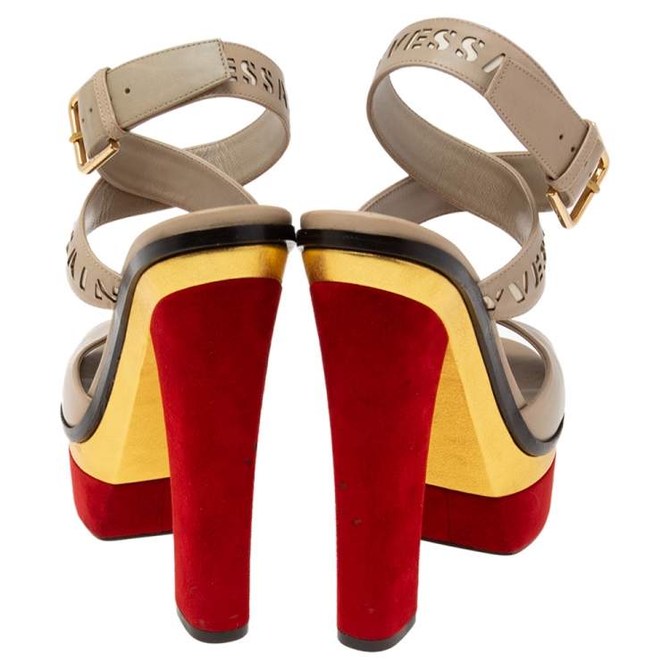 Pre Owned Yves Saint Laurent Multicolor Leather And Suede Platform Ankle Wrap Sandals Size 38.5