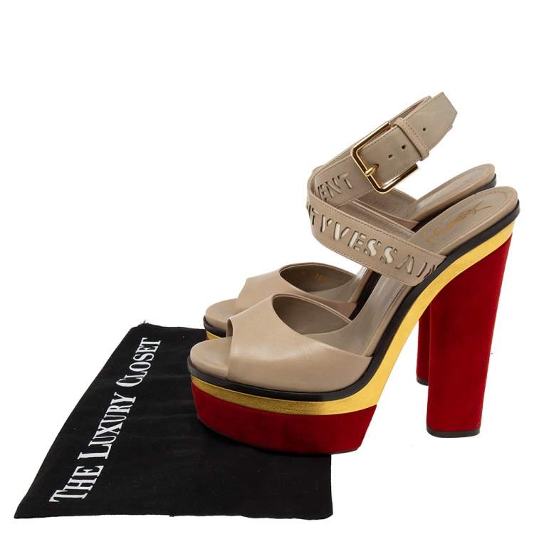 Pre Owned Yves Saint Laurent Multicolor Leather And Suede Platform Ankle Wrap Sandals Size 38.5