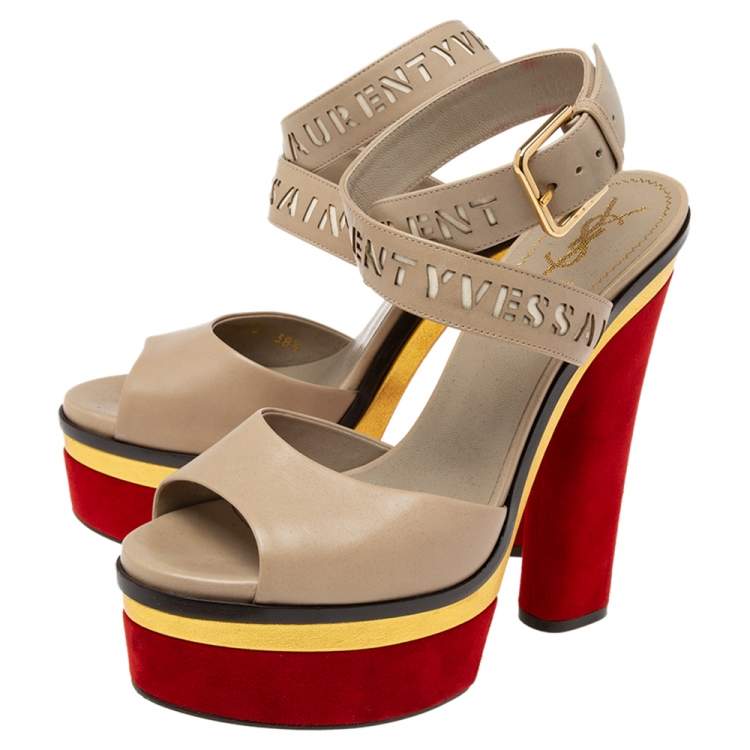 Pre Owned Yves Saint Laurent Multicolor Leather And Suede Platform Ankle Wrap Sandals Size 38.5
