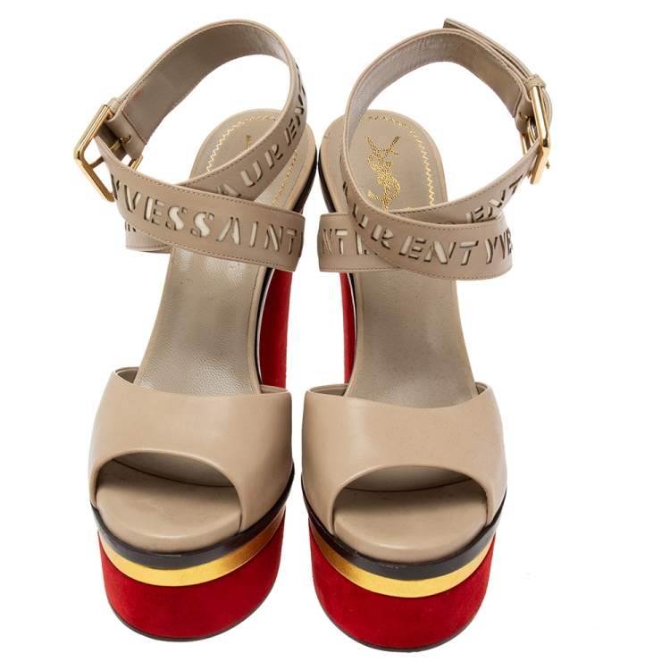 Pre Owned Yves Saint Laurent Multicolor Leather And Suede Platform Ankle Wrap Sandals Size 38.5