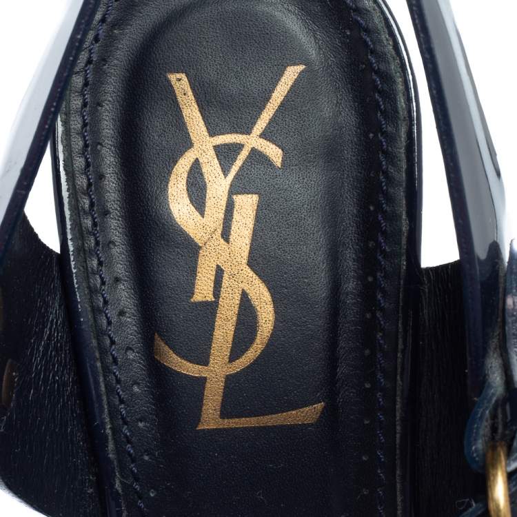 Pre Owned Yves Saint Laurent Navy Blue Patent Leather Platform Ankle Sandals Size 37
