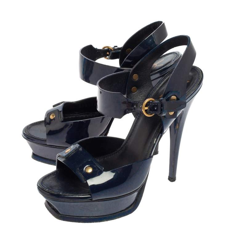 Pre Owned Yves Saint Laurent Navy Blue Patent Leather Platform Ankle Sandals Size 37