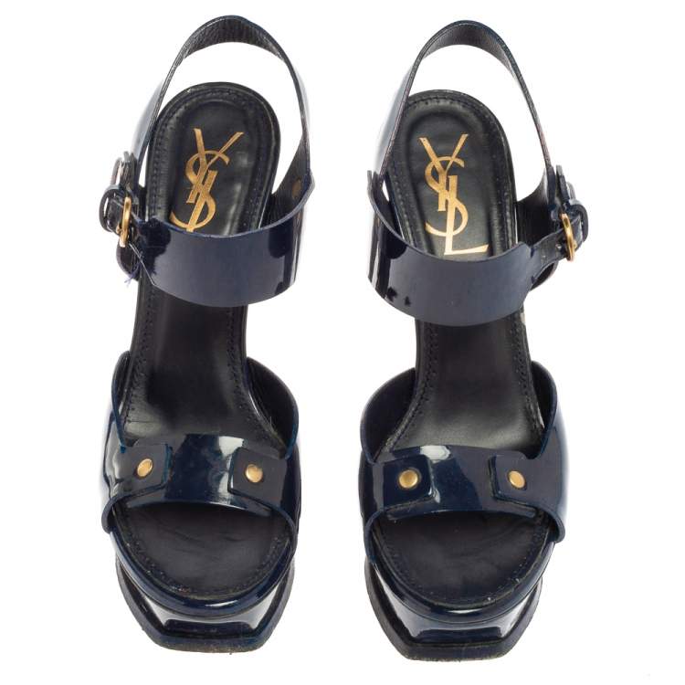 Pre Owned Yves Saint Laurent Navy Blue Patent Leather Platform Ankle Sandals Size 37