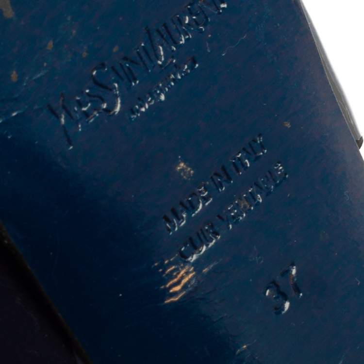 Pre Owned Yves Saint Laurent Navy Blue Patent Leather Platform Ankle Sandals Size 37