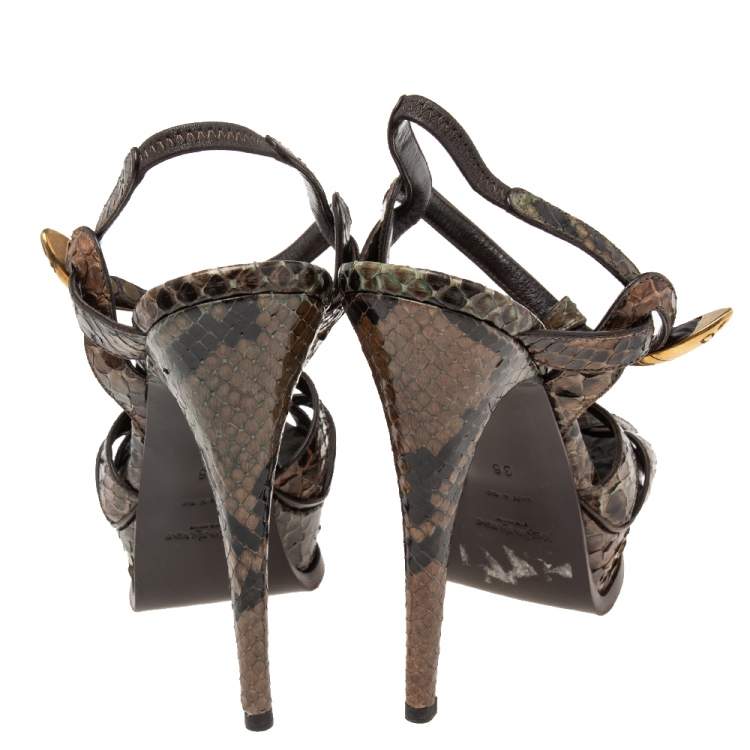 Pre Owned Yves Saint Laurent Brown/Black Python Leather Tribute Platform Sandals Size 36