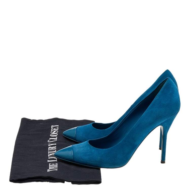 Pre Owned Yves Saint Laurent Blue Suede And Patent Leather Pointed Toe Pumps Size 39.5