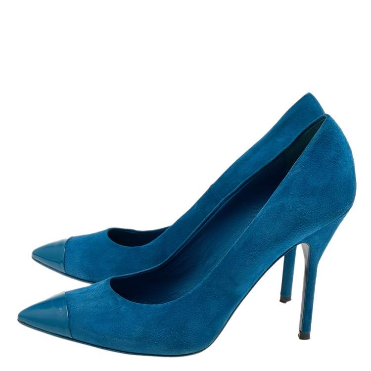 Pre Owned Yves Saint Laurent Blue Suede And Patent Leather Pointed Toe Pumps Size 39.5