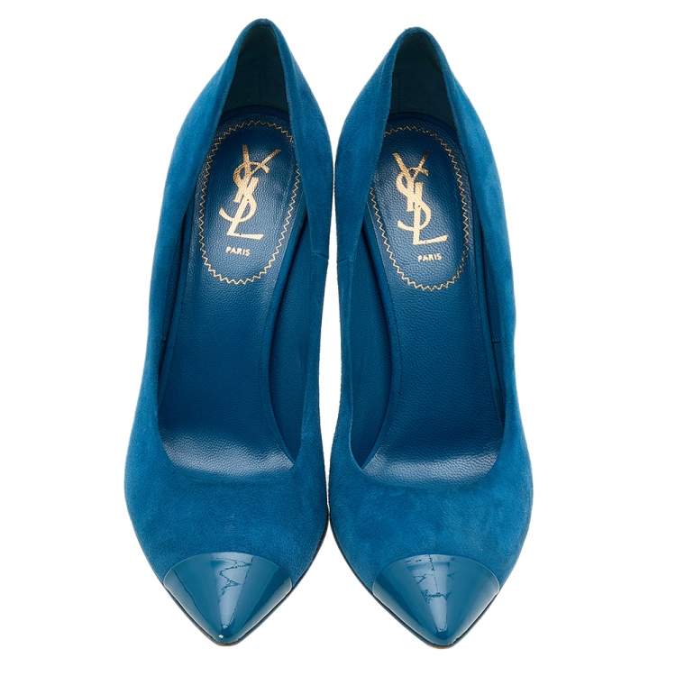 Pre Owned Yves Saint Laurent Blue Suede And Patent Leather Pointed Toe Pumps Size 39.5