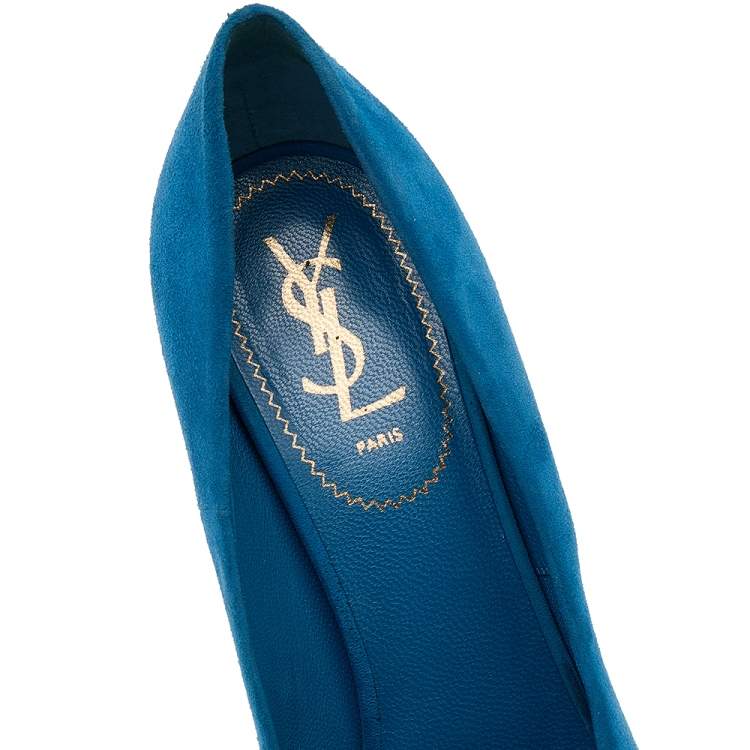 Pre Owned Yves Saint Laurent Blue Suede And Patent Leather Pointed Toe Pumps Size 39.5