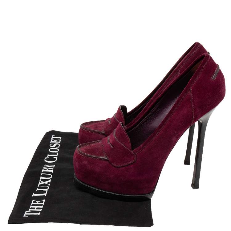 Pre Owned Yves Saint Laurent Purple Suede Tribtoo Penny Loafer Platform Pumps Size 38