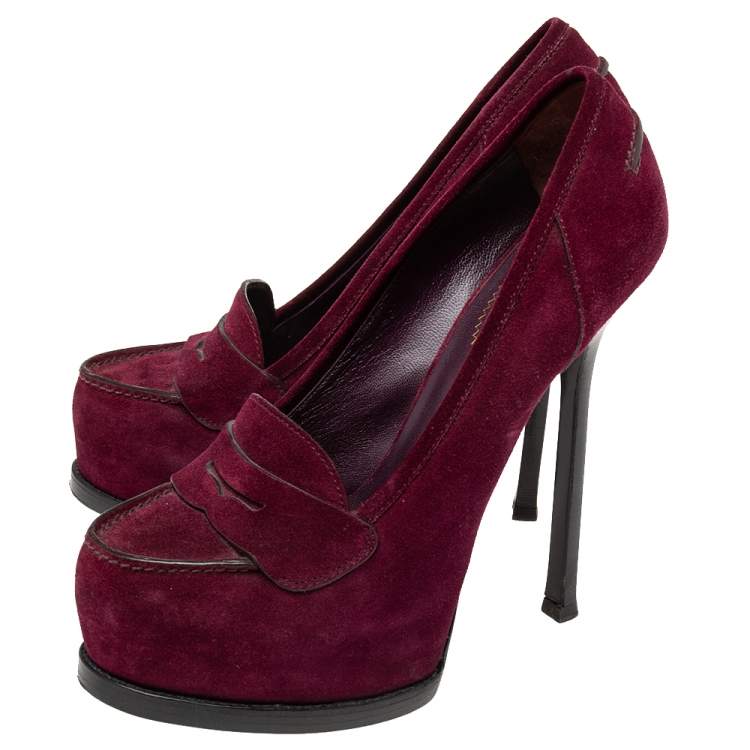 Pre Owned Yves Saint Laurent Purple Suede Tribtoo Penny Loafer Platform Pumps Size 38