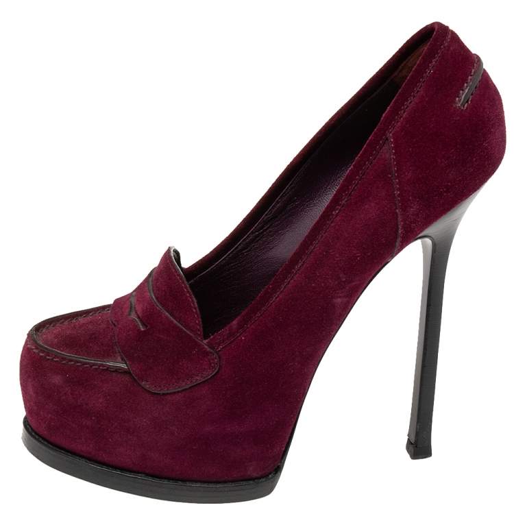 Pre Owned Yves Saint Laurent Purple Suede Tribtoo Penny Loafer Platform Pumps Size 38