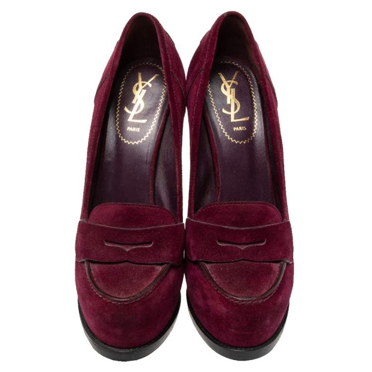 Pre Owned Yves Saint Laurent Purple Suede Tribtoo Penny Loafer Platform Pumps Size 38