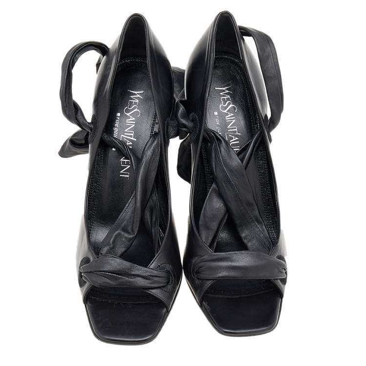 Pre Owned Yves Saint Laurent Black Leather Open Toe  Ankle Wrap Pumps Size 37.5