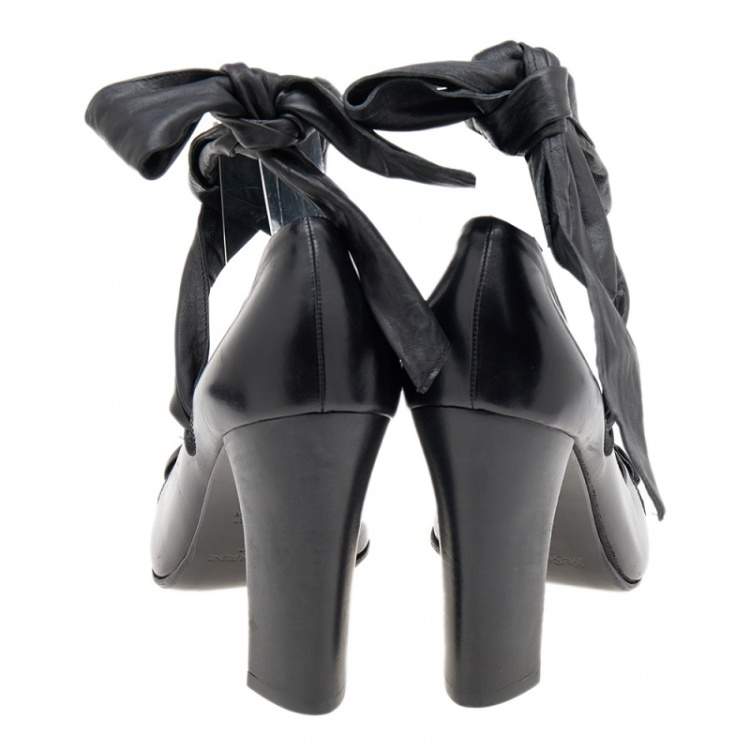 Pre Owned Yves Saint Laurent Black Leather Open Toe  Ankle Wrap Pumps Size 37.5