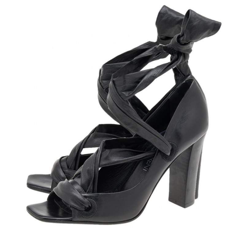 Pre Owned Yves Saint Laurent Black Leather Open Toe  Ankle Wrap Pumps Size 37.5