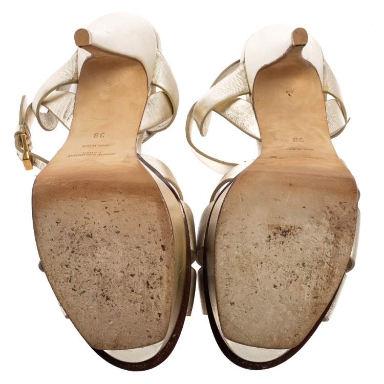 Pre Owned Yves Saint Laurent  Metallic Gold Leather Tribute Platform Sandals Size 38