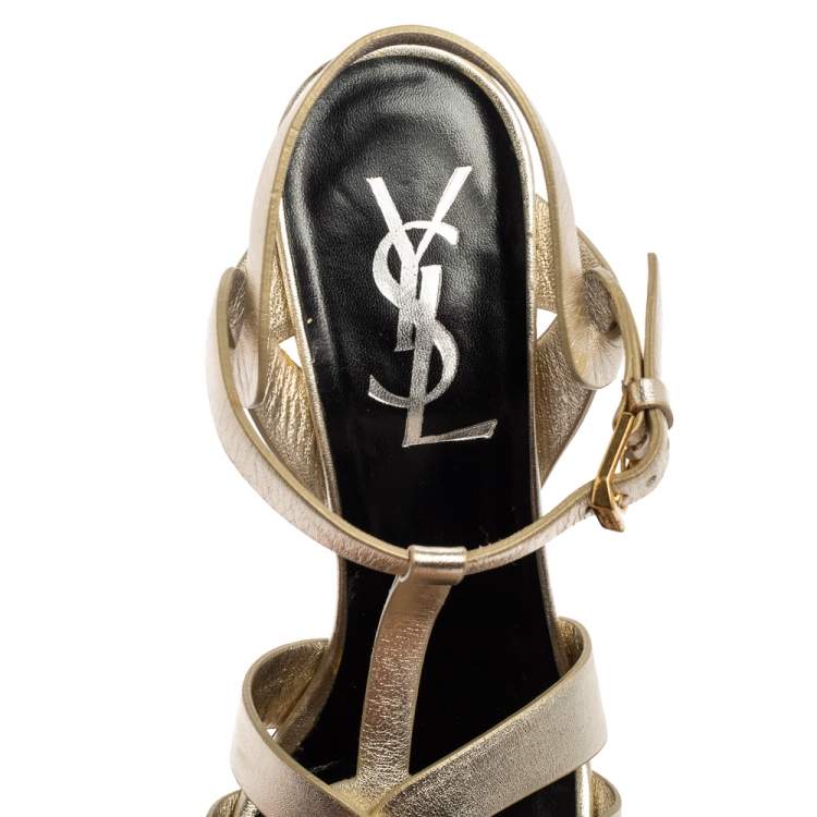 Pre Owned Yves Saint Laurent  Metallic Gold Leather Tribute Platform Sandals Size 38