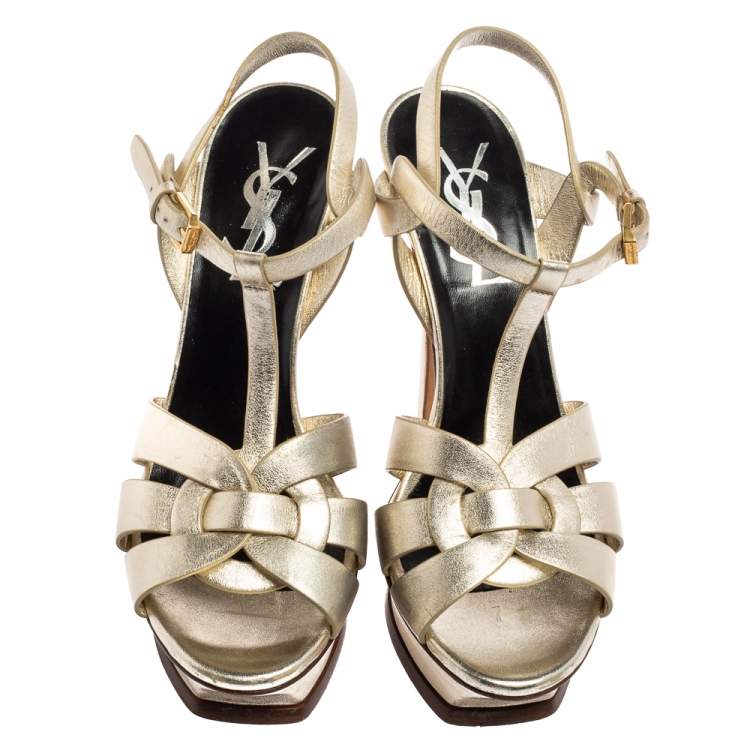 Pre Owned Yves Saint Laurent  Metallic Gold Leather Tribute Platform Sandals Size 38