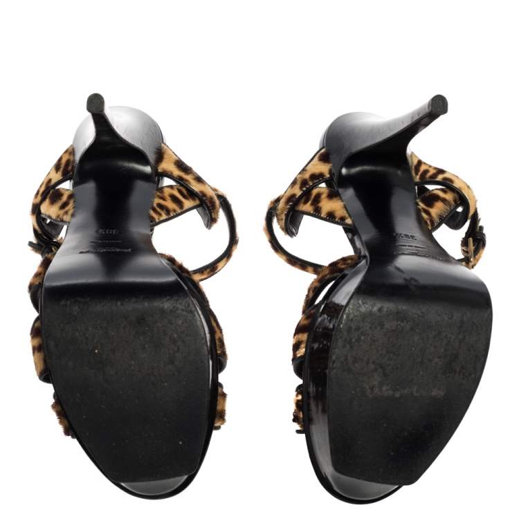 Pre Owned Yves Saint Laurent Brown/Yellow Calf Hair Tribute  Sandals Size 39.5