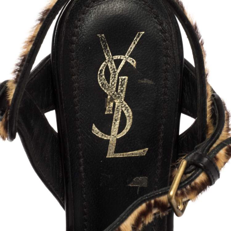 Pre Owned Yves Saint Laurent Brown/Yellow Calf Hair Tribute  Sandals Size 39.5
