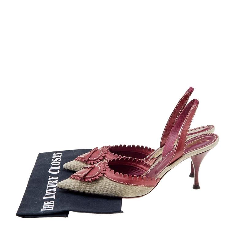 Pre Owned Yves Saint Laurent Burgundy/Beige Leather and Canvas Heart Slingback Sandals Size 40