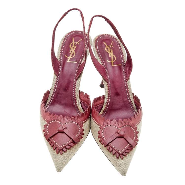 Pre Owned Yves Saint Laurent Burgundy/Beige Leather and Canvas Heart Slingback Sandals Size 40