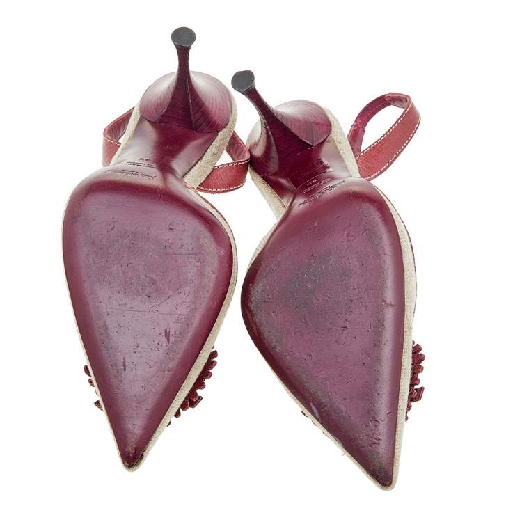 Pre Owned Yves Saint Laurent Burgundy/Beige Leather and Canvas Heart Slingback Sandals Size 40