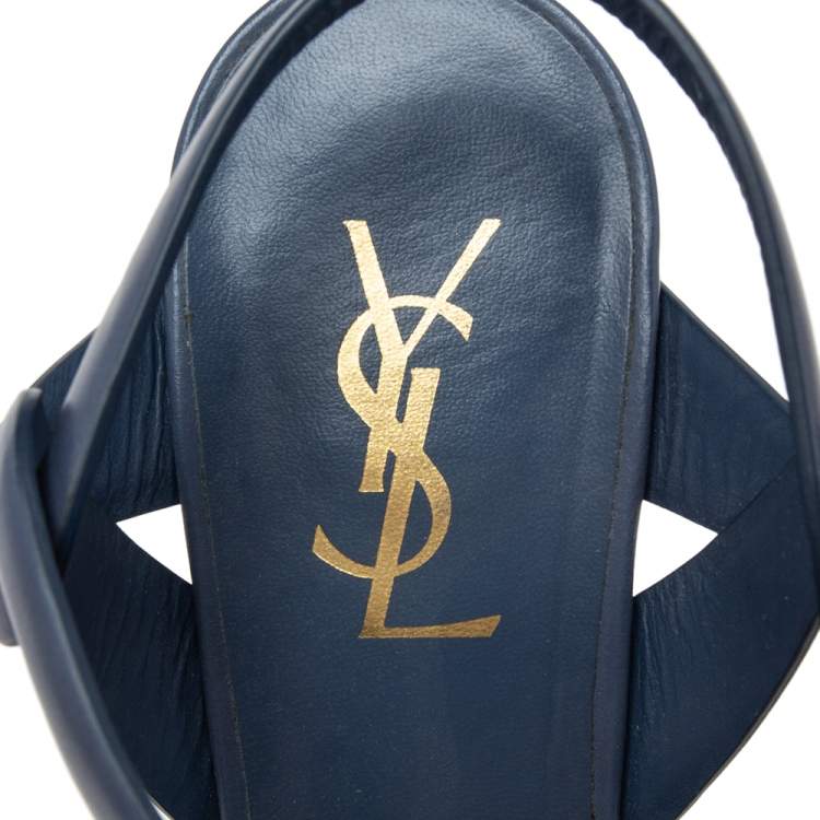 Pre Owned Yves Saint Laurent Blue Leather Tribute Platform  Sandals Size 39