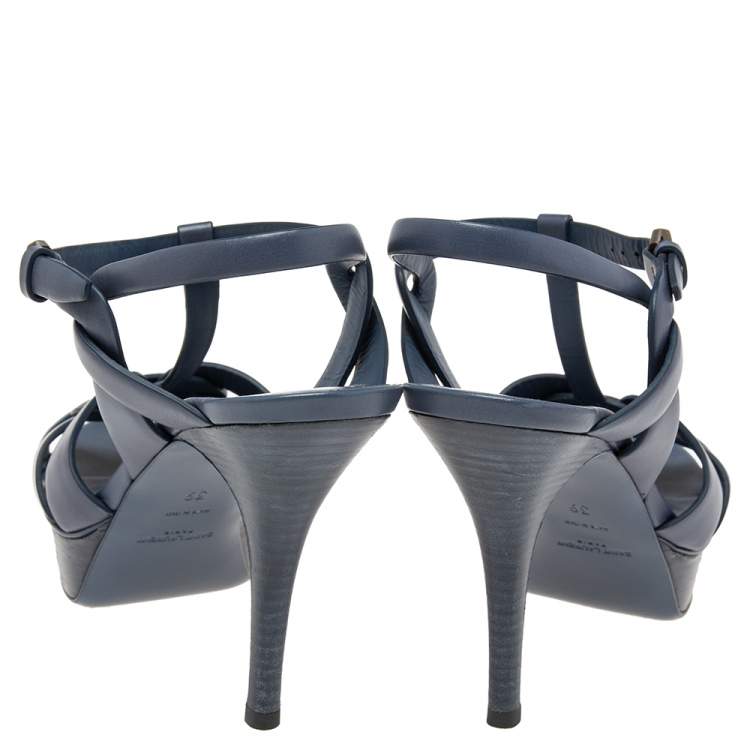 Pre Owned Yves Saint Laurent Blue Leather Tribute Platform  Sandals Size 39