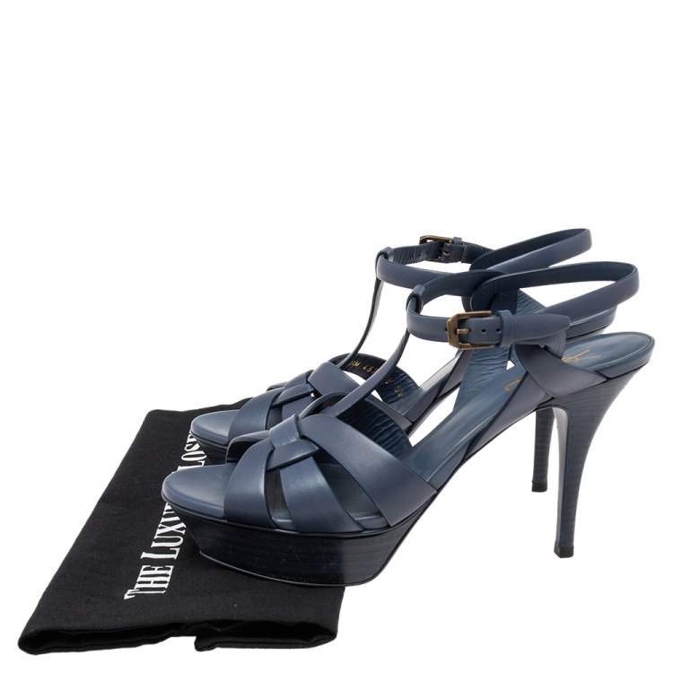 Pre Owned Yves Saint Laurent Blue Leather Tribute Platform  Sandals Size 39