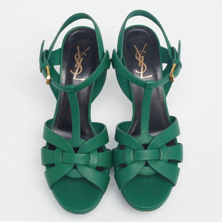 Pre Owned Yves Saint Laurent Green Leather Tribute Platform Sandals Size 38.5
