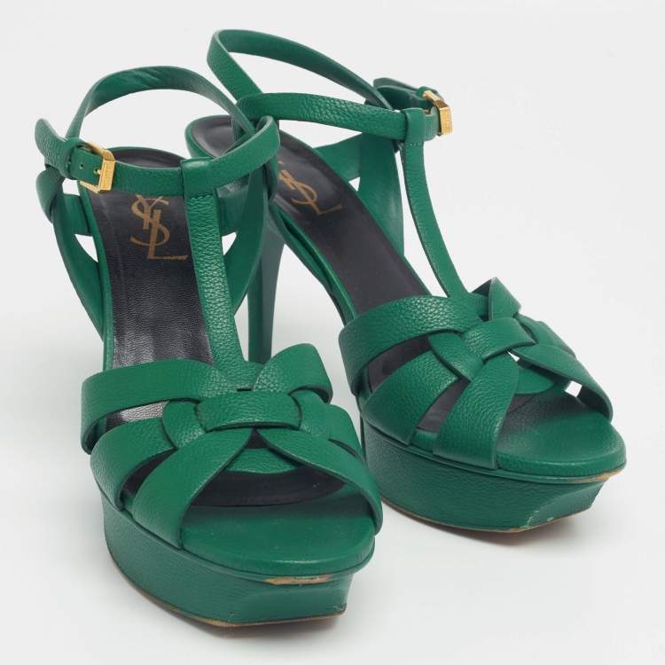Pre Owned Yves Saint Laurent Green Leather Tribute Platform Sandals Size 38.5