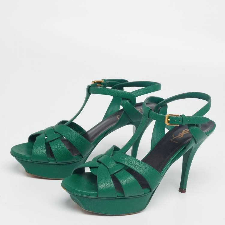 Pre Owned Yves Saint Laurent Green Leather Tribute Platform Sandals Size 38.5