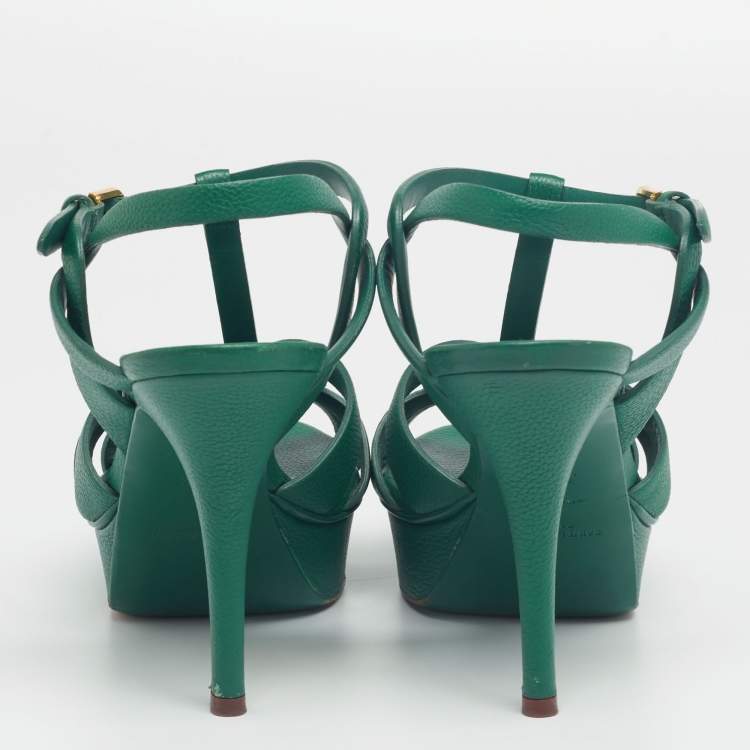 Pre Owned Yves Saint Laurent Green Leather Tribute Platform Sandals Size 38.5