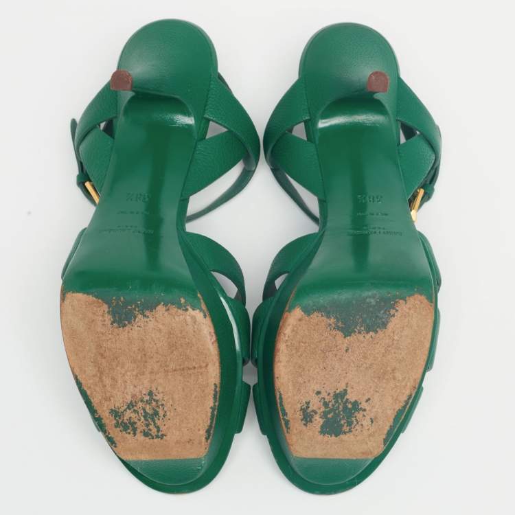 Pre Owned Yves Saint Laurent Green Leather Tribute Platform Sandals Size 38.5