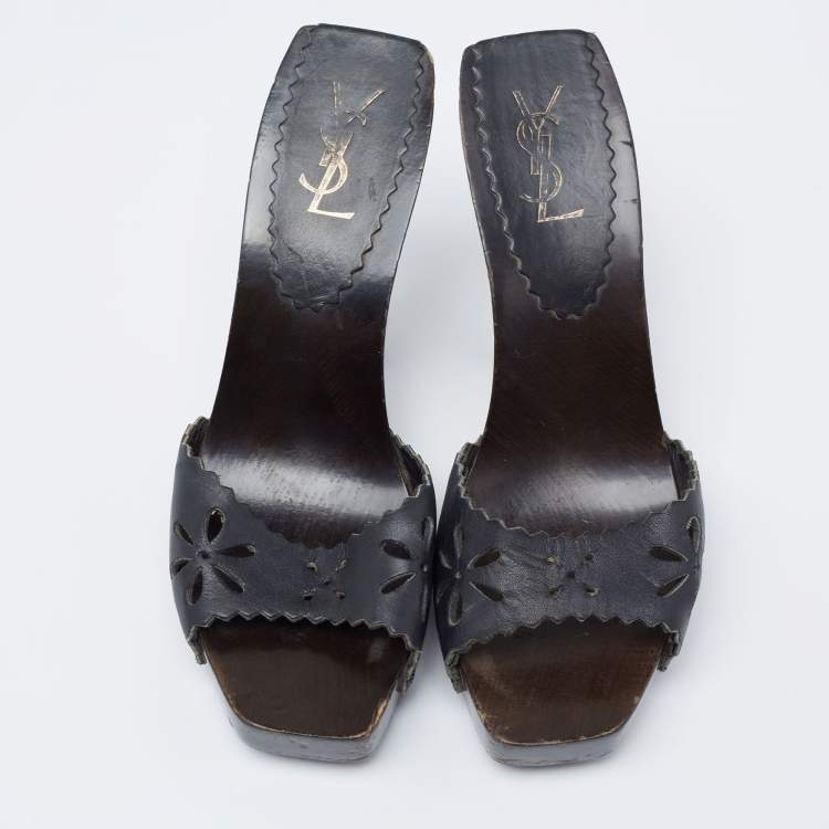 Pre Owned Yves Saint Laurent Black Cutout Leather  Slide Sandals Size 39