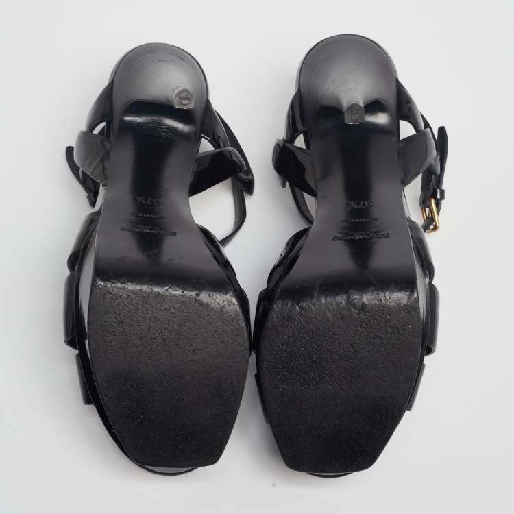 Pre Owned Yves Saint Laurent Black Patent Leather Tribute Ankle Strap Platform Sandals Size 37.5