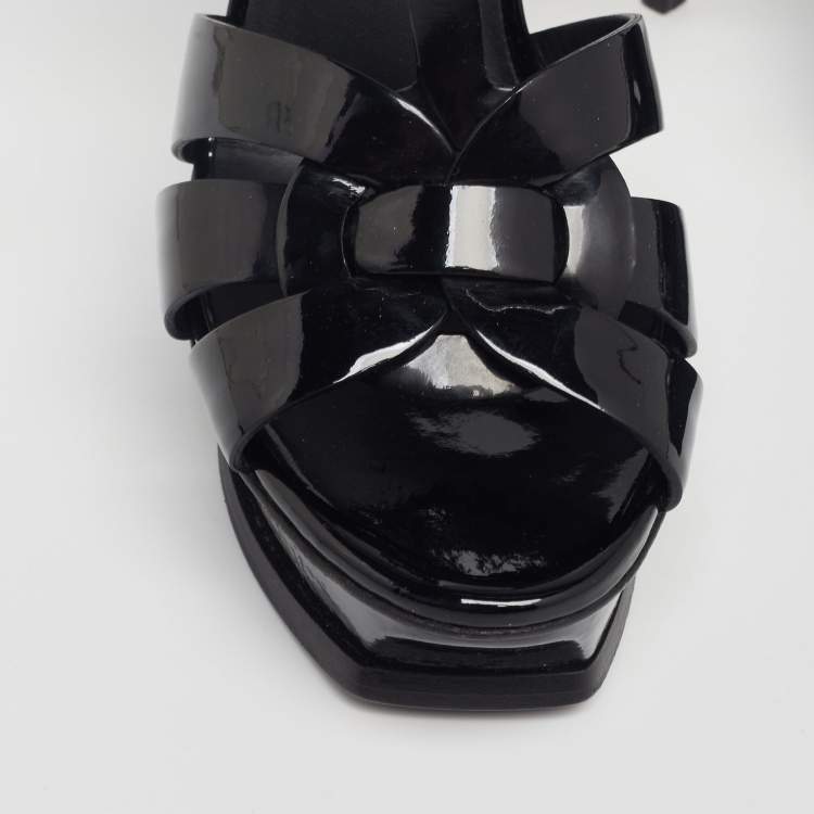 Pre Owned Yves Saint Laurent Black Patent Leather Tribute Ankle Strap Platform Sandals Size 37.5