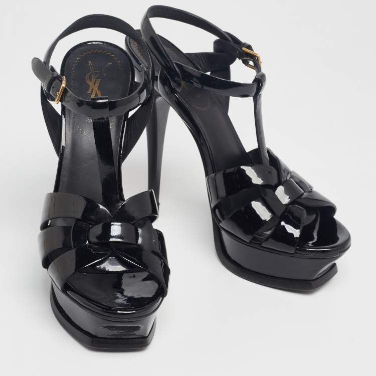 Pre Owned Yves Saint Laurent Black Patent Leather Tribute Ankle Strap Platform Sandals Size 37.5