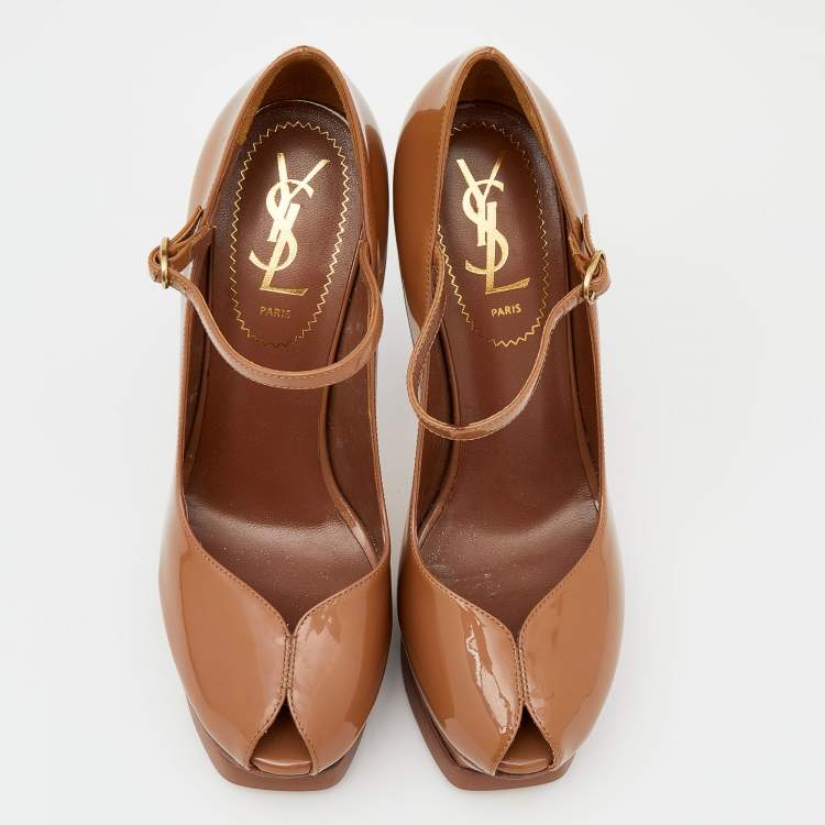 Pre Owned Yves Saint Laurent Brown Patent Leather Peep Toe Platform Mary Jane Pumps Size 36.5