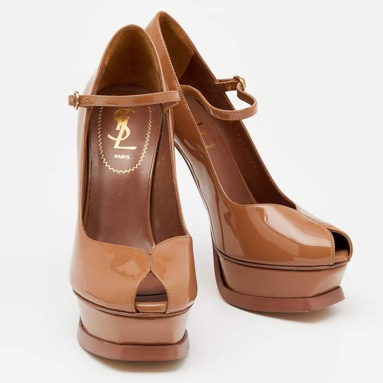 Pre Owned Yves Saint Laurent Brown Patent Leather Peep Toe Platform Mary Jane Pumps Size 36.5