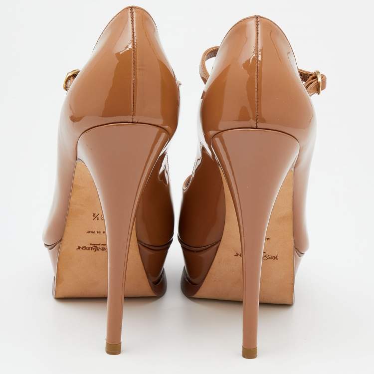 Pre Owned Yves Saint Laurent Brown Patent Leather Peep Toe Platform Mary Jane Pumps Size 36.5